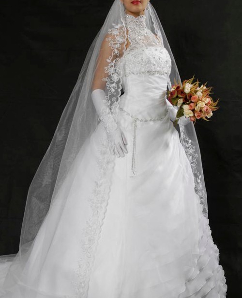 Vestido de noiva princesa frente única gola alta tecido organza