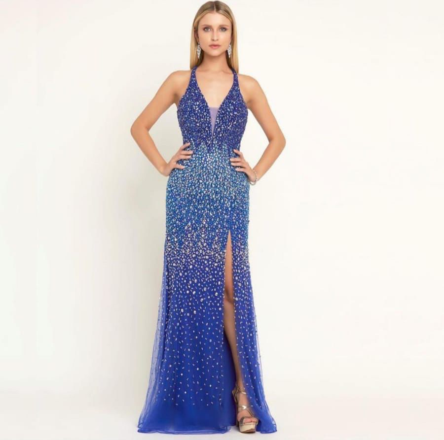 Vestido azul Royal todo no pedraria